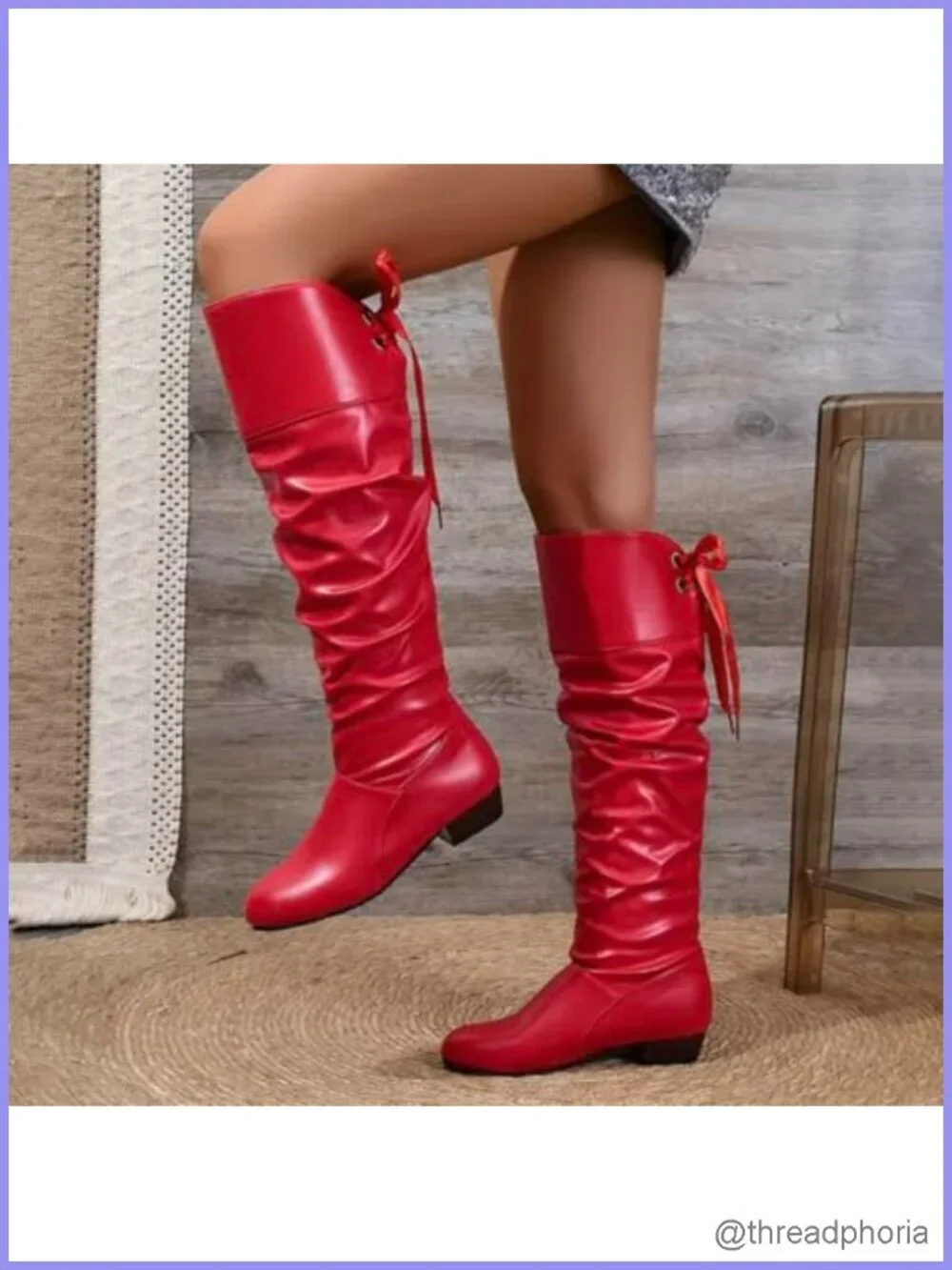 Knee High Boots Women Over the Knee with Bow Tie PU Leather Square Toe Lace Up